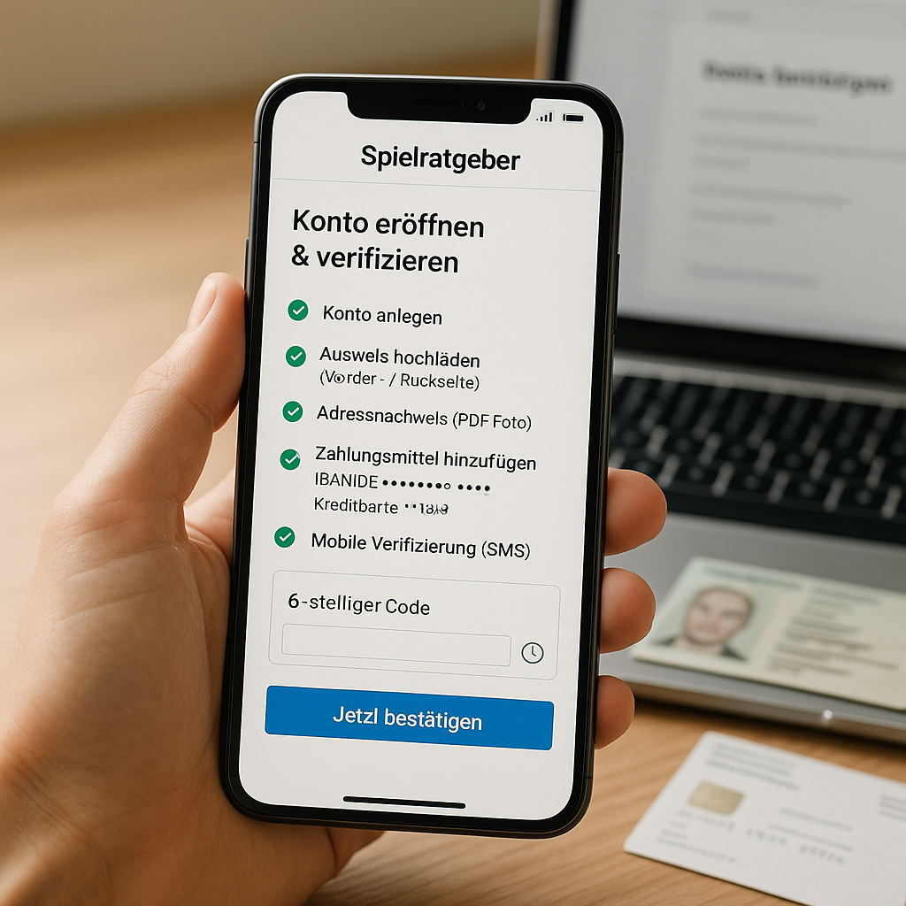 Photographic hero image: hand holding a smartphone showing a German step-by-step account opening and